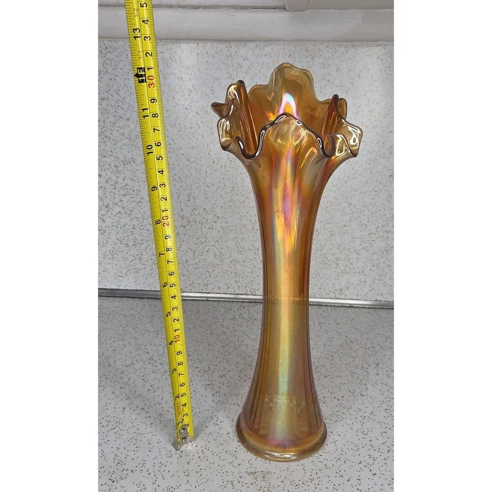 Vtg Imperial 12.5” Marigold Carnival Glass Swung Freefold Pattern Vase